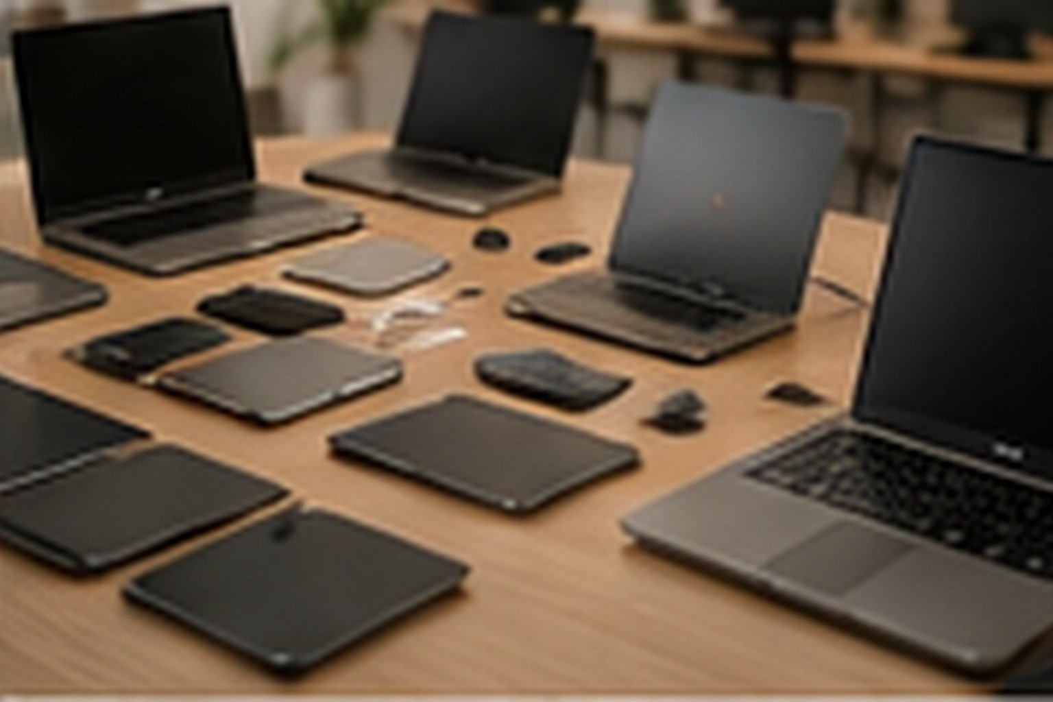 A neatly arranged set of business IT equipment including laptop, monitor, keyboard, mouse, headset and cables on a clean white studio background, no text.