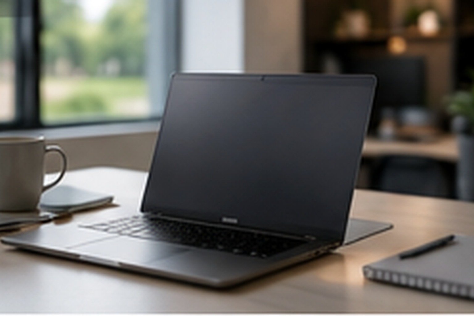 A clean modern office scene showing a business laptop on a desk, neutral professional styling, no text or logos.