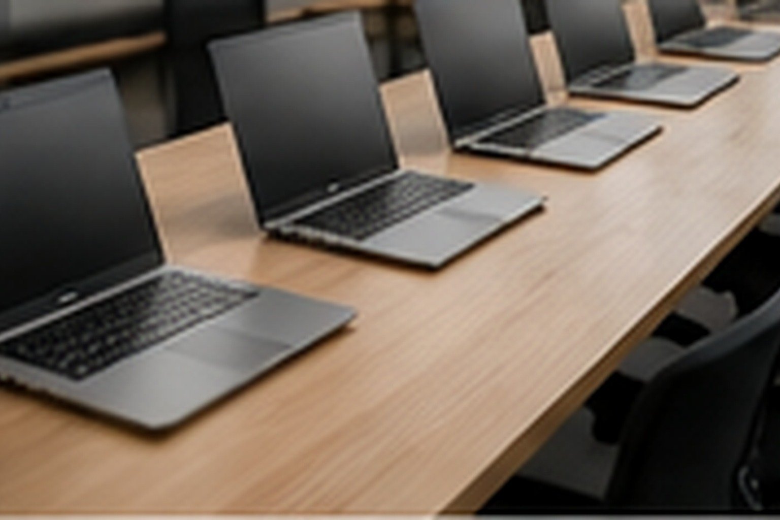Professional laptop in a long-term modern office environment with subtle calendar pages, clean corporate photography, no text.
