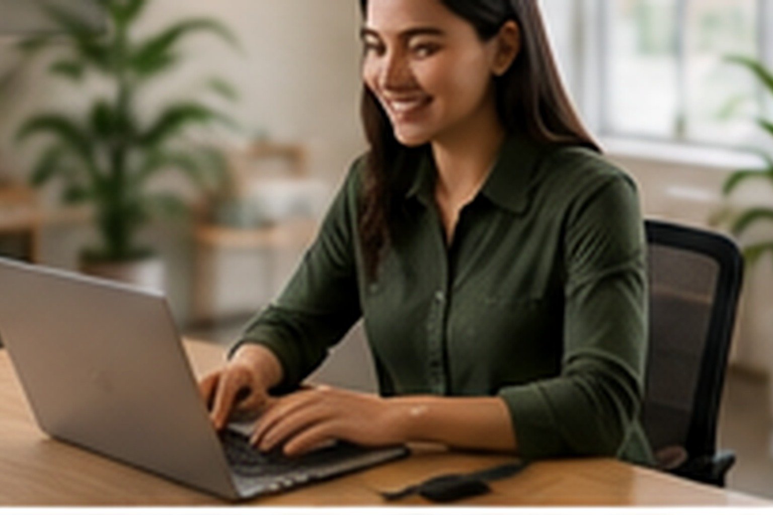 A professional remote worker at home using a business laptop and 24 inch monitor, clean bright home office, no text.