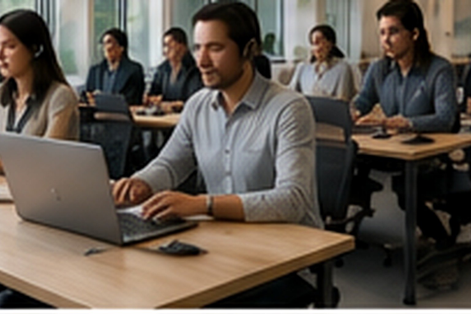 A mixed project team of contractors and temporary staff working on professional laptops, bright modern office, no text.