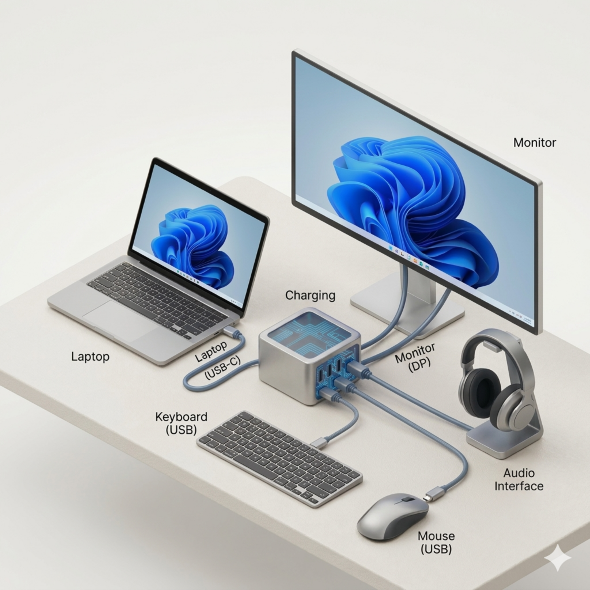 DeskStack single-cable workstation setup